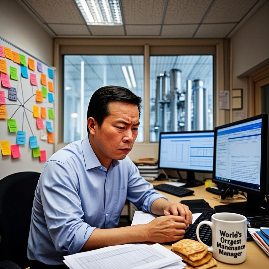 A frustrated maintenance manager sits at a cluttered office desk covered in work orders and equipment manuals, staring at a laptop screen showing multiple browser tabs open to various CMMS software comparison pages. Behind him, a wall-mounted whiteboard displays a chaotic web of sticky notes connecting different software logos with question marks and dollar signs. A half-eaten sandwich and a coffee mug with \'World\'s Okayest Maintenance Manager\' printed on it sit beside the keyboard. The fluorescent office lighting casts a slightly greenish glow, and through the window behind him, industrial equipment and a factory building are visible. The overall mood captures the overwhelmed but determined energy of someone deep in the software evaluation trenches.
